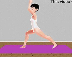 Anime girl tries stretch yoga exercises