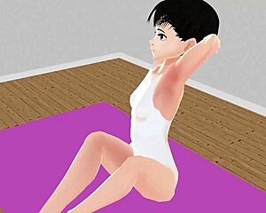 Anime girl tries stretch yoga exercises