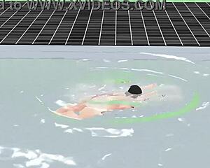 Anime dievča pláva v malom mikro bikiny s vypadnutím bradavky