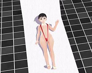 anime girl swims in tiny micro bikini with a nip slip