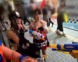 sexy police and marshmallow bunny captured, dominating in halloween orgy with doggystyle and cowgirl