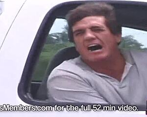 Hot blonde rides topless in convertible, exposing natural tits outdoors