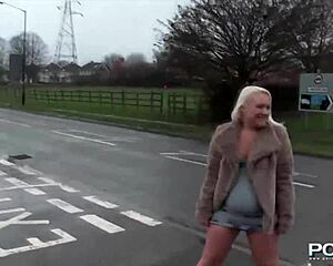 Blonde British Babe Flashes Shaved Pussy Outdoors