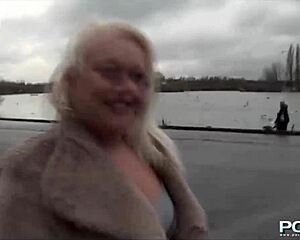 Blonde British Babe Flashes Shaved Pussy Outdoors