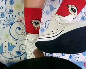 Girlfriend Seduces With Shoes And Red Socks For Intense Footjob POV Cumshot