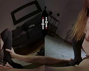 Redhead flaunts big tits and tattooed ass in dark VR room, sucking cock in stockings