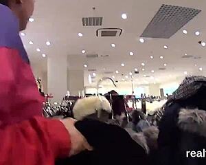 European shop girl's wild anal sex in public view