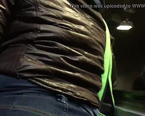 touching the brown nylon jacket of chubby girl pt 1