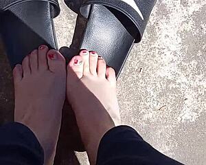 Feet soaking up the sun before pedicure