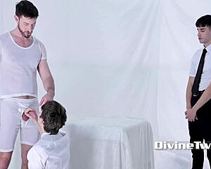 Superior twink feels ecstasy from lickers in church.