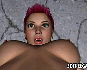 Redhead babe's wet pussy licked by lesbian in 3D