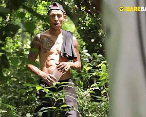 dotado fucks safado bareback in the woods with anal and cum