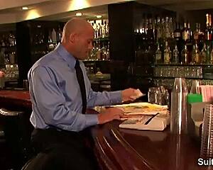 Long-Haired Hottie Gives Blowjob To Bald Guy At Work.