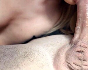 Semen lands in her mouth during blowjob