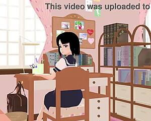 Asian schoolgirl in sailor uniform poses in her room