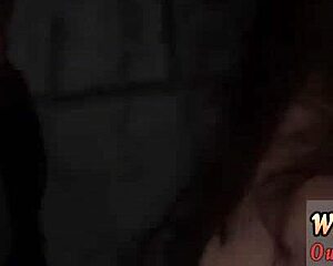 White teen sucks cock in rough outdoor public bang with group domination