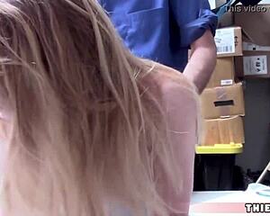 Pretty blonde shoplifter teen pays with pussy