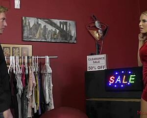 Hot Blonde Vanessa Cage Dominates Customer in Store with Fierce Femdom