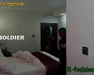 Ebony beauty gives deepthroat and doggy style to soldier