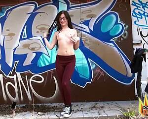 Petite brunette gets a big black cock in public