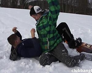 Snowboarders turn slopes into steamy gay threesome