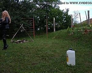Petite Hungarian goddess trains her shemale slave outdoors