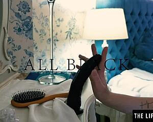 Petite teen's solo session with big black cock toy
