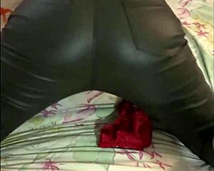 French amateur's leather pants and satin lingerie exhibitionism POV