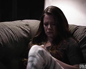 the busty tenant cheats and licks the milf landlord's pussy