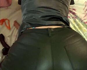 French amateur's leather pants and satin lingerie exhibitionism POV