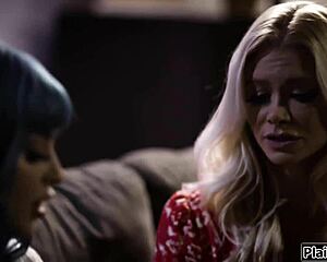 the busty tenant cheats and licks the milf landlord's pussy