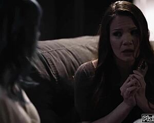 the busty tenant cheats and licks the milf landlord's pussy