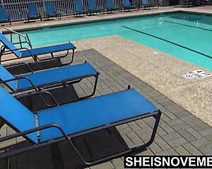 ebony babe msnovember undresses in bathroom after pool swim close up