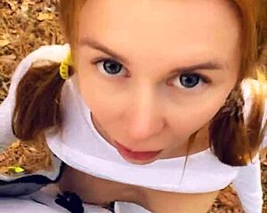 horny teen gives public blowjob and plays with cum in forest?