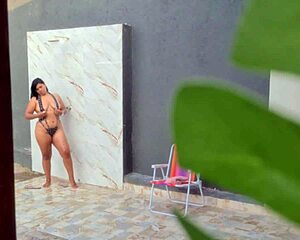 caught hot neighbor showering in backyard after beach