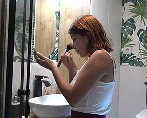 Hot Redhead Girlfriend Flashes Tight Pussy In Bathroom Miniskirt!