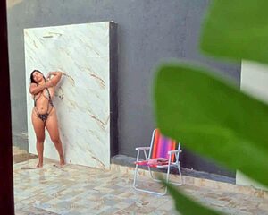 caught hot neighbor showering in backyard after beach