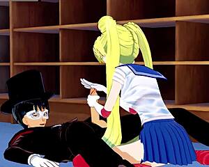 sailor moon hentai teen gets blowjob and handjob on big cock, ends with cumshot