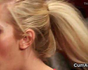 flirty beauty gets sperm load on her face eating all the jizz