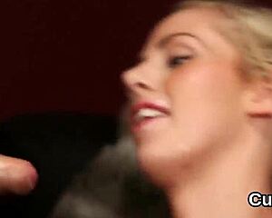 flirty beauty gets sperm load on her face eating all the jizz