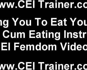 Femdom slave has to lick up his own cum from the boots of his mistress