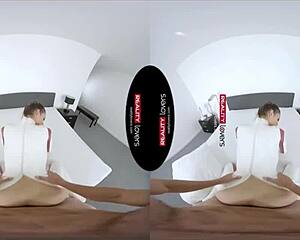 Petite and skinny latex clad android in VR experience with Realitylovers