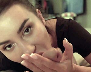 Sexy babe sucks big dick with sloppy handjob to cum in mouth