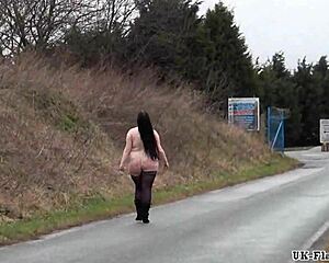 Fat amateur flashes outdoors with girlfriend and friend