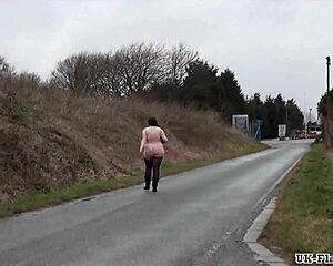 Fat amateur flashes outdoors with girlfriend and friend