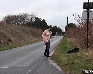 Fat amateur flashes outdoors with girlfriend and friend