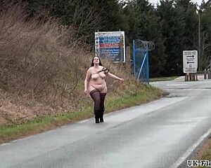 Fat amateur flashes outdoors with girlfriend and friend