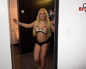 Damn! Busty blonde in fishnets takes a creampie after wild anal!
