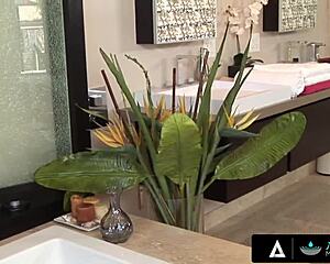 Asian beauty gives footjob and rides big cock in bath