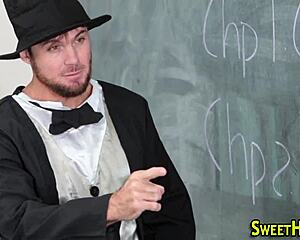 Pretty teen student intensely fingered and jizzed on in uniform.